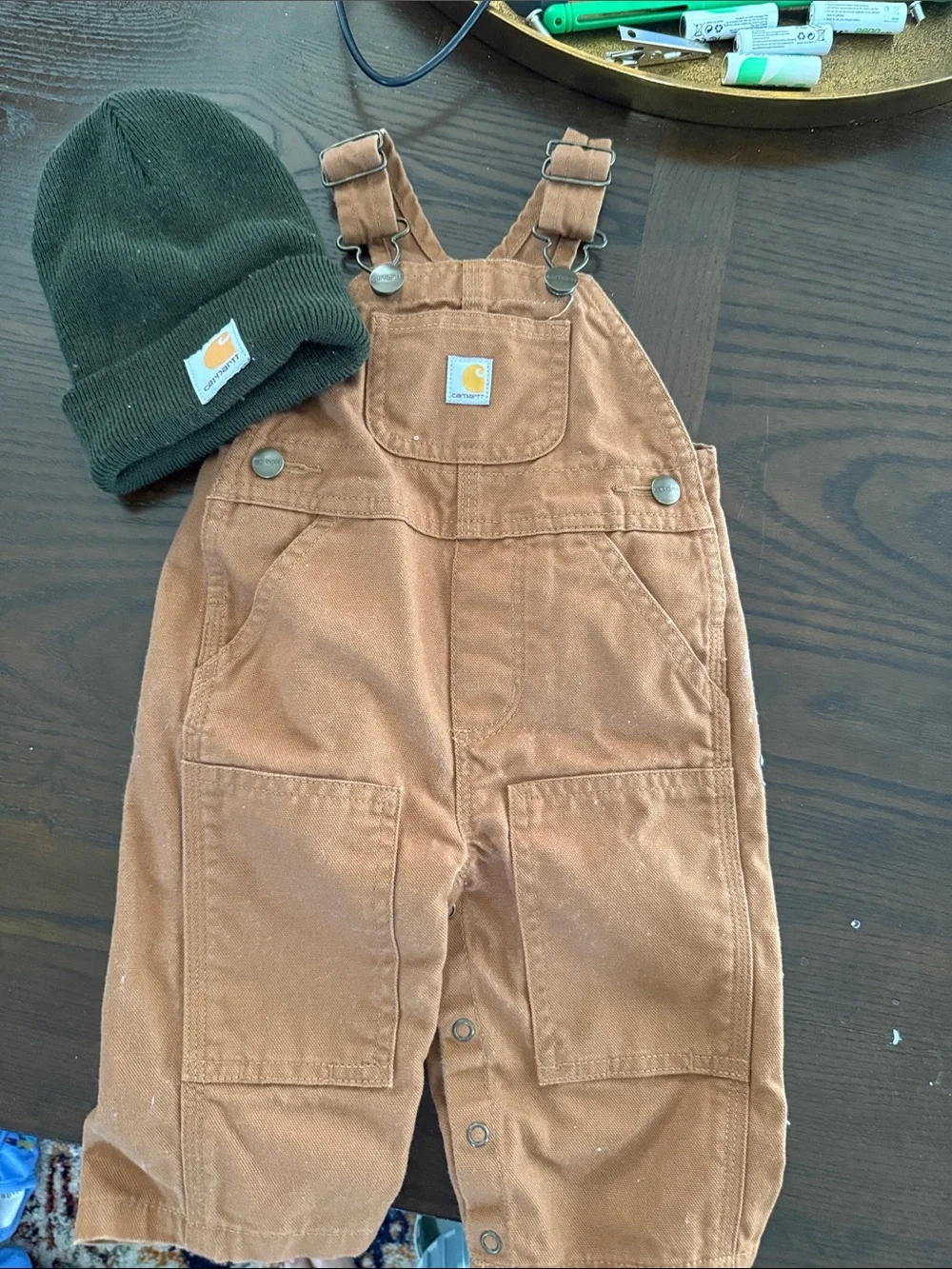 Carhartt Kids Tan/Brown Duck Canvas Overalls with Patch Pocket and beanie